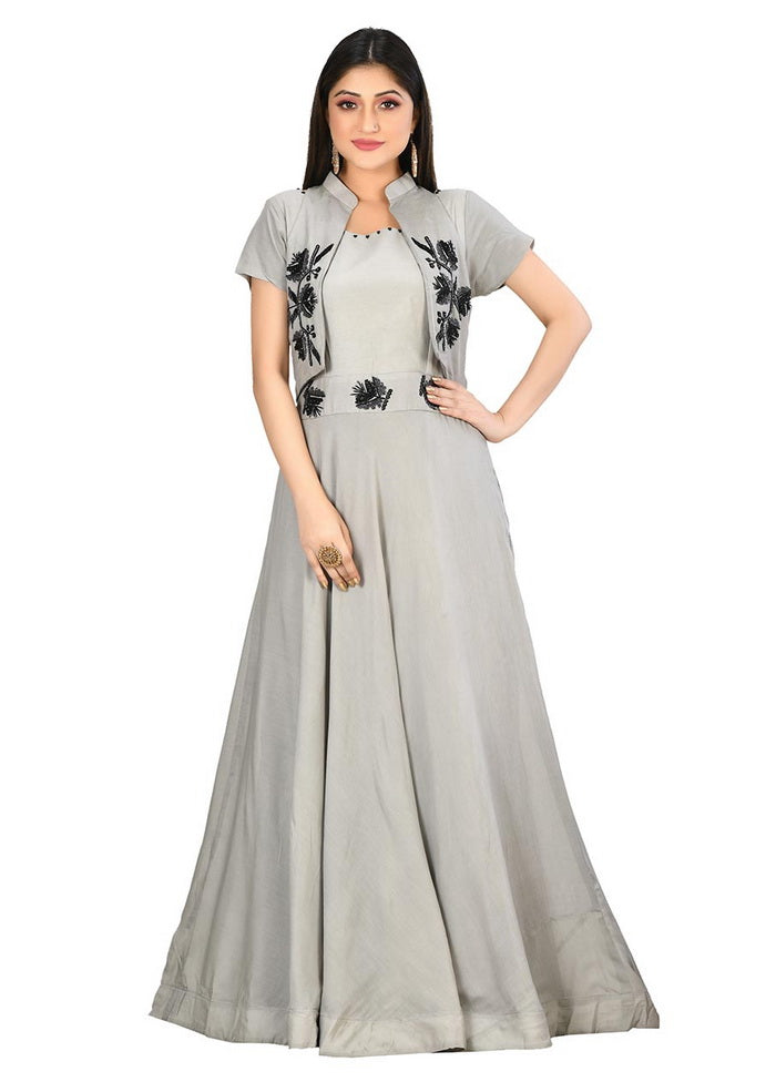 2 Pc Grey Muslin Silk Gown WIth Koti VDVSF00007 - Indian Silk House Agencies
