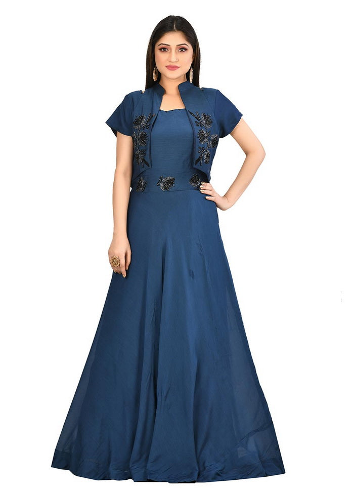 2 Pc Navy Blue Muslin Silk Gown WIth Koti VDVSF00006 - Indian Silk House Agencies