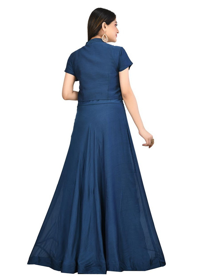 2 Pc Navy Blue Muslin Silk Gown WIth Koti VDVSF00006 - Indian Silk House Agencies