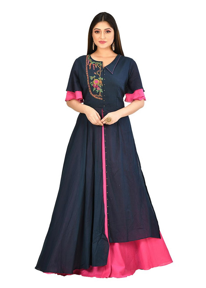 Navy Cotton Malmal Short Sleeves Solid Gown VDVSF00010 - Indian Silk House Agencies