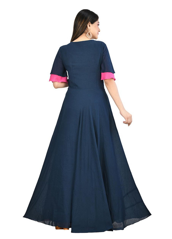 Navy Cotton Malmal Short Sleeves Solid Gown VDVSF00010 - Indian Silk House Agencies