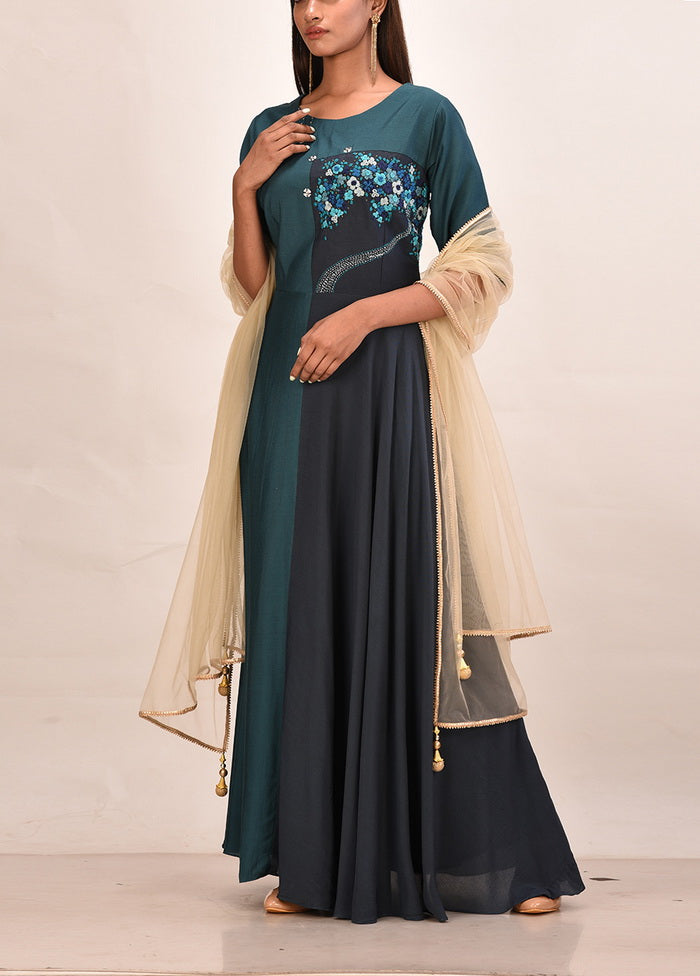 Teal Bluenavy Muslin Silk Solid Womens Gown VDVSF00104 - Indian Silk House Agencies