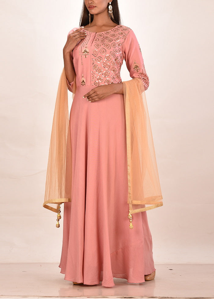 2 Pc Peach Muslin Silk Solid Gown With Dupatta VDVSF00105 - Indian Silk House Agencies