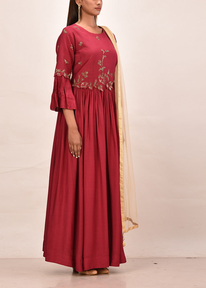 2 Pc Mahroon Muslin Silk Solid Gown With Dupatta VDVSF00108 - Indian Silk House Agencies