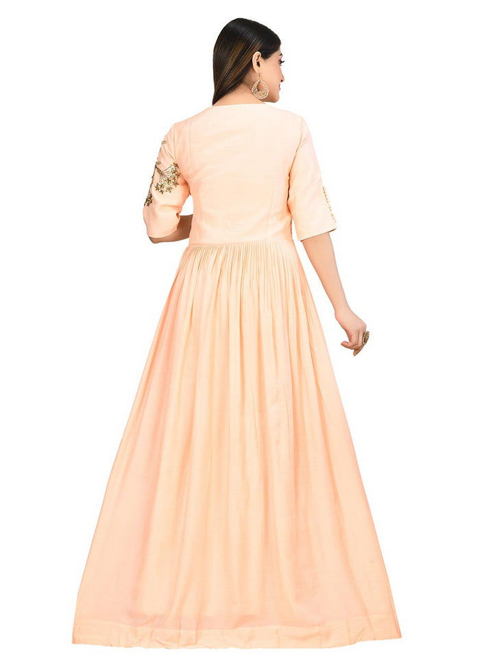 Peach Muslin Silk Solid Women Gown VDVSF00015 - Indian Silk House Agencies