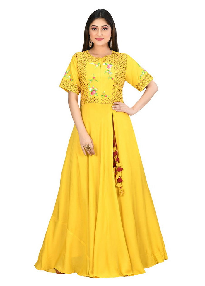 Yellow Muslin Silk Solid Women Gown VDVSF00016 - Indian Silk House Agencies