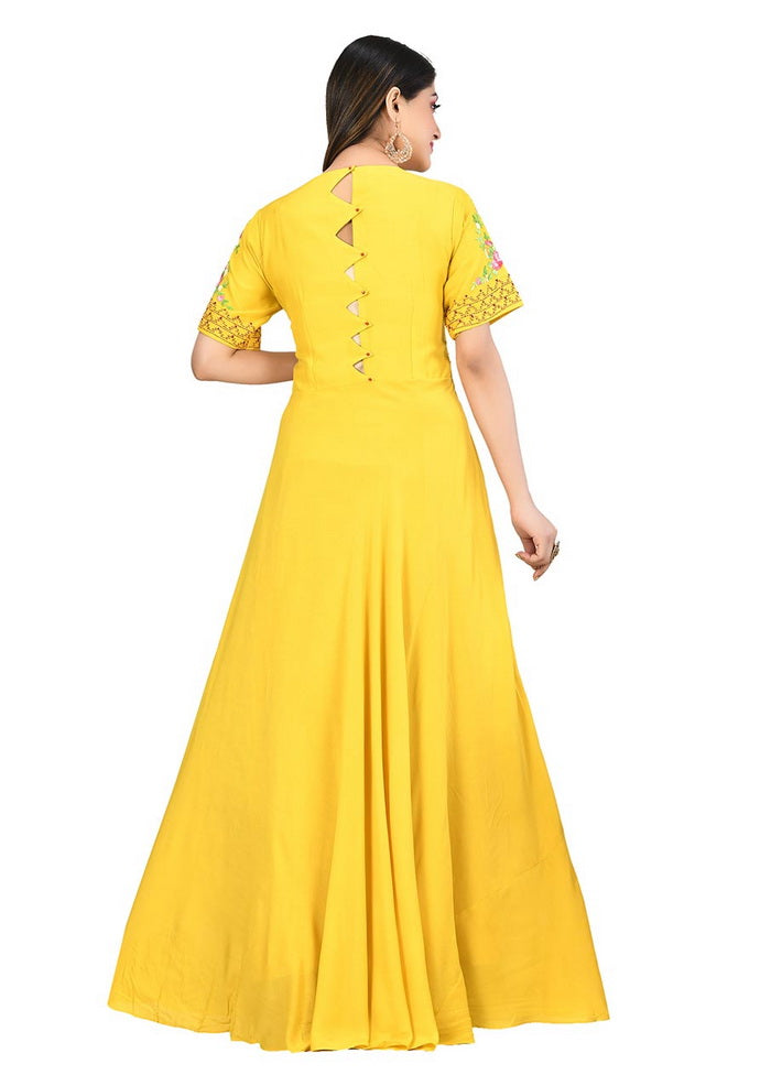 Yellow Muslin Silk Solid Women Gown VDVSF00016 - Indian Silk House Agencies