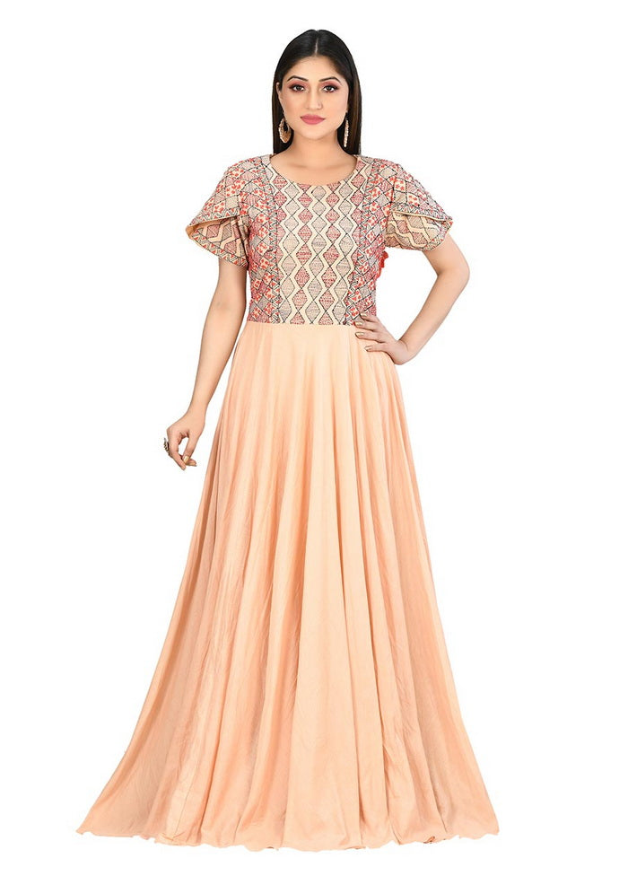 Beige Cotton Malmal Short Sleeves Solid Gown VDVSF00019 - Indian Silk House Agencies