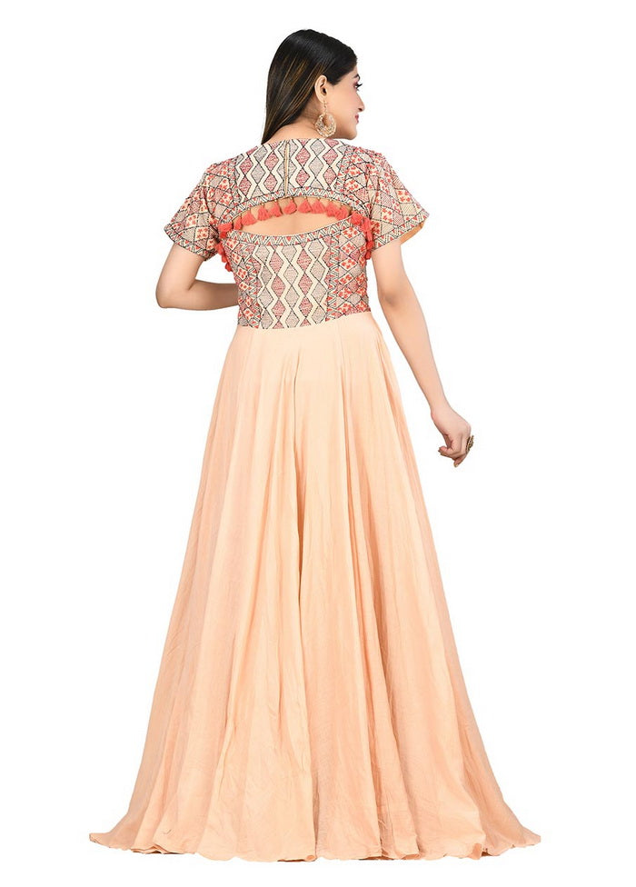 Beige Cotton Malmal Short Sleeves Solid Gown VDVSF00019 - Indian Silk House Agencies