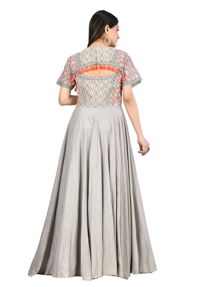Gray Cotton Malmal Short Sleeves Solid Gown VDVSF00020 - Indian Silk House Agencies