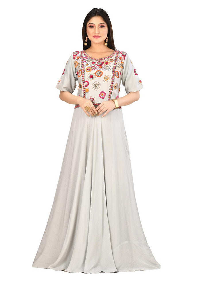 Gray Muslin Silk Short Sleeves Solid Gown VDVSF00021 - Indian Silk House Agencies