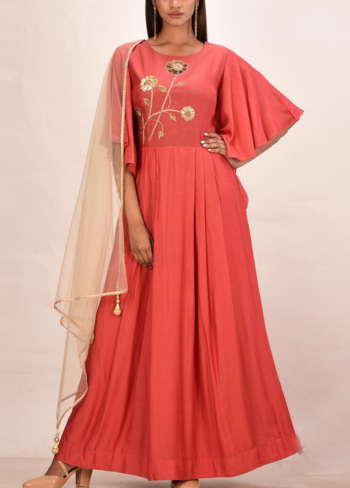 Brick Red Muslin Silk Solid Gown With Dupatta VDVSF00024 - Indian Silk House Agencies