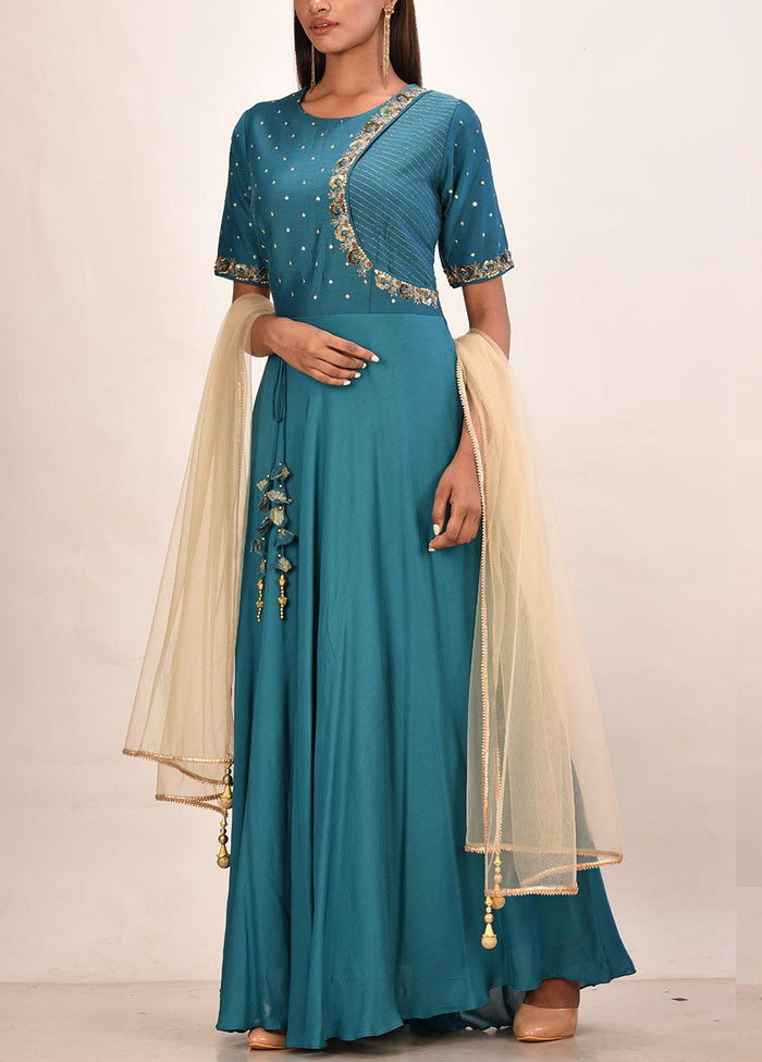 2 Pc Teal Blue Muslin Silk Solid Gown With Dupatta VDVSF00026 - Indian Silk House Agencies
