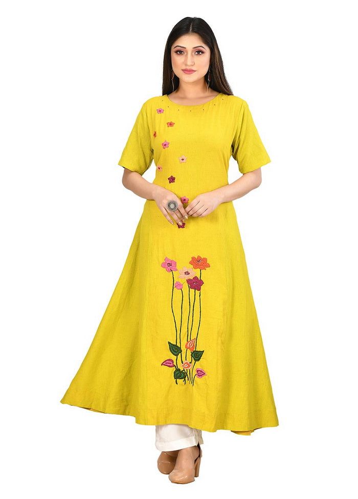 Yellow Cotton Flex Short Sleeves Solid Womens Kurti VDVSF00027 - Indian Silk House Agencies