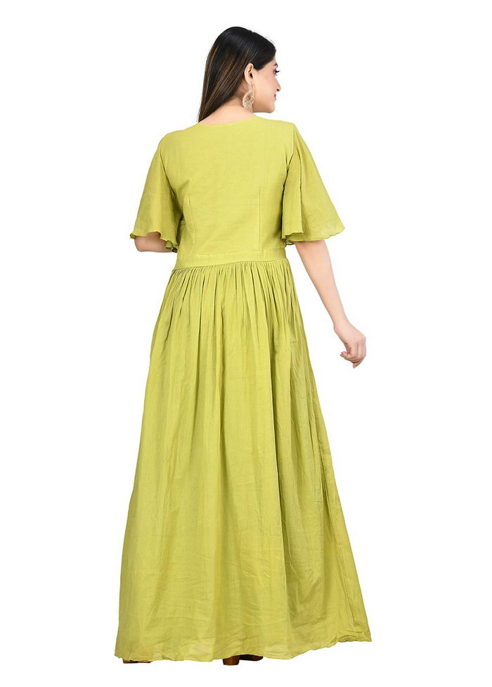 Green Cotton Malmal Short Sleeves Solid Kurti VDVSF00031 - Indian Silk House Agencies