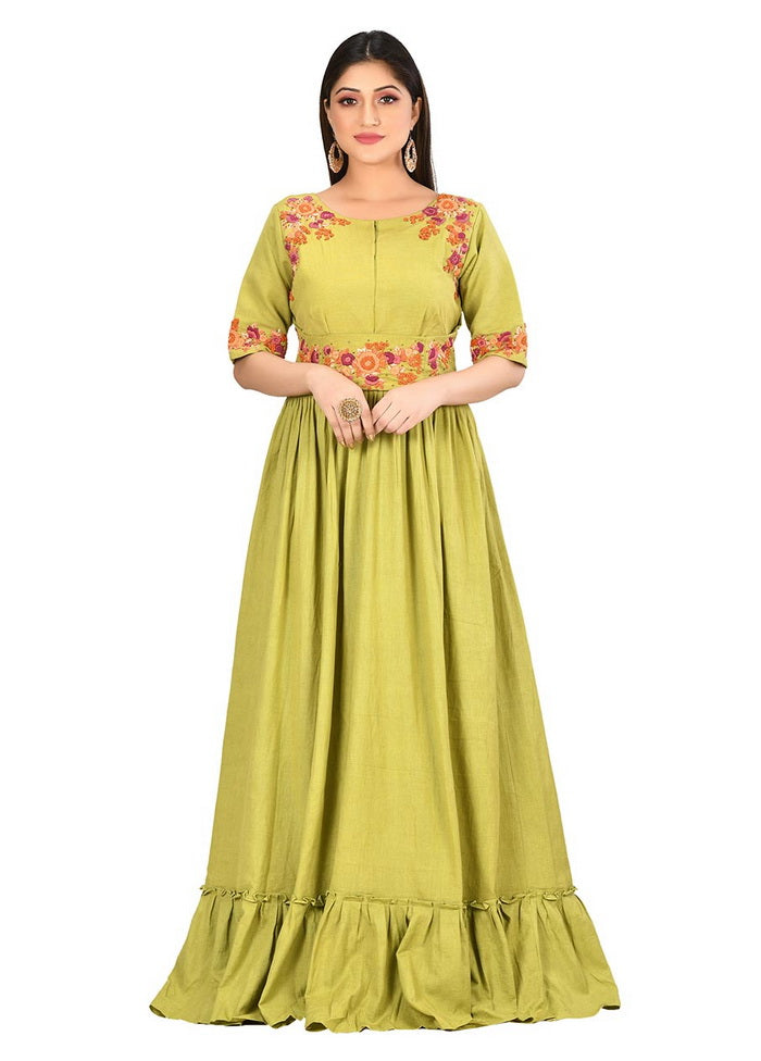 Green Cotton Flex Short Sleeves Solid Womens Gown VDVSF00034 - Indian Silk House Agencies
