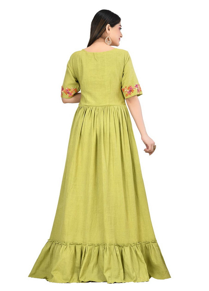 Green Cotton Flex Short Sleeves Solid Womens Gown VDVSF00034 - Indian Silk House Agencies
