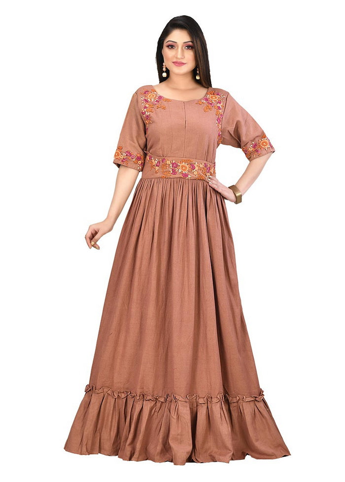 L Rust Cotton Flex Short Sleeves Solid Womens Gown VDVSF00033 - Indian Silk House Agencies