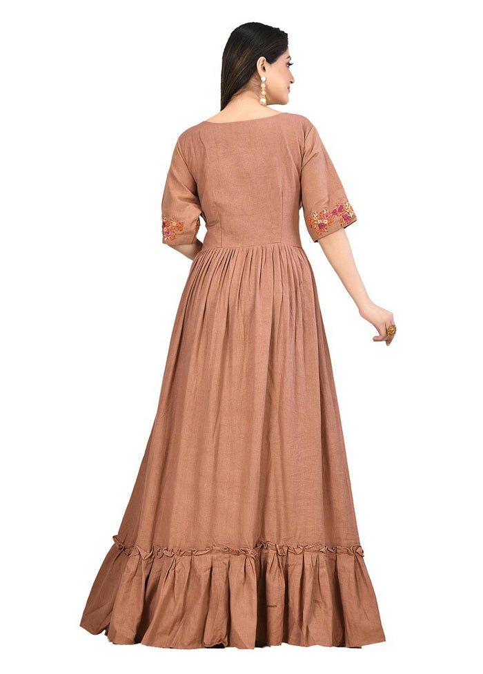 L Rust Cotton Flex Short Sleeves Solid Womens Gown VDVSF00033 - Indian Silk House Agencies