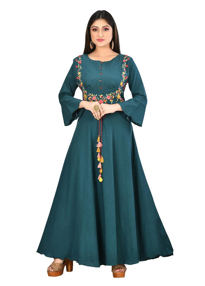 Teal Blue Cotton Solid Womens Gown VDVSF00035 - Indian Silk House Agencies