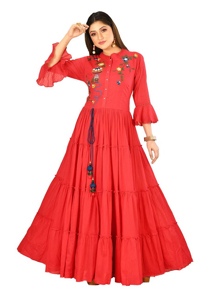 Red Cotton Malmal Solid Women Gown VDVSF00037 - Indian Silk House Agencies