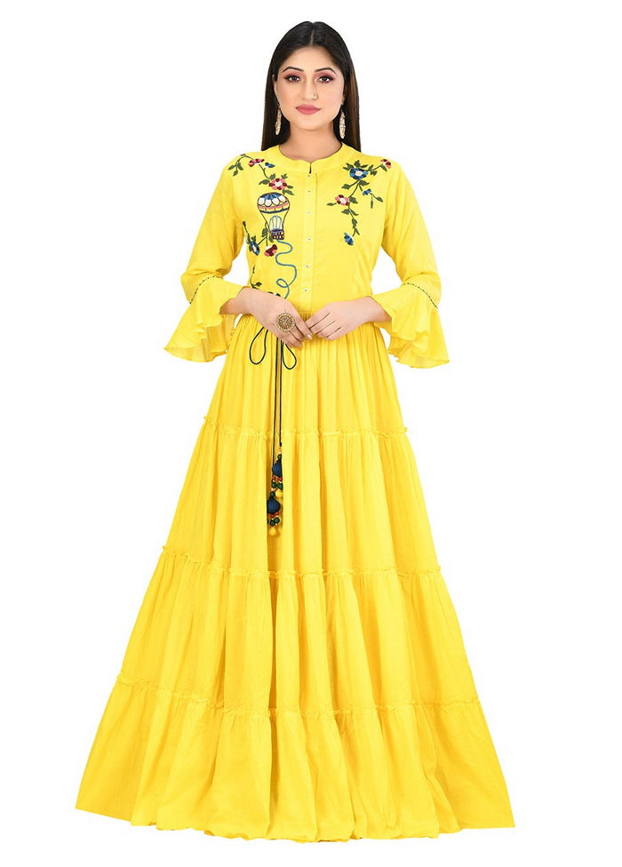 Yellow Cotton Malmal Solid Women Gown VDVSF00038 - Indian Silk House Agencies