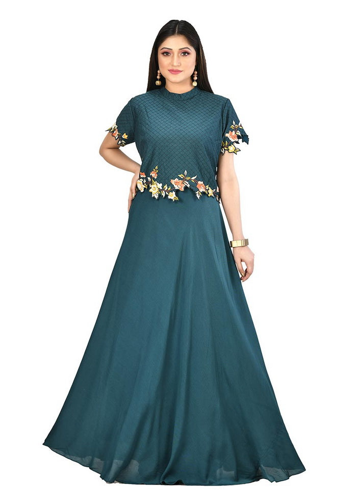 Teal Blue Muslin Silk Short Sleeves Solid Gown VDVSF00039 - Indian Silk House Agencies