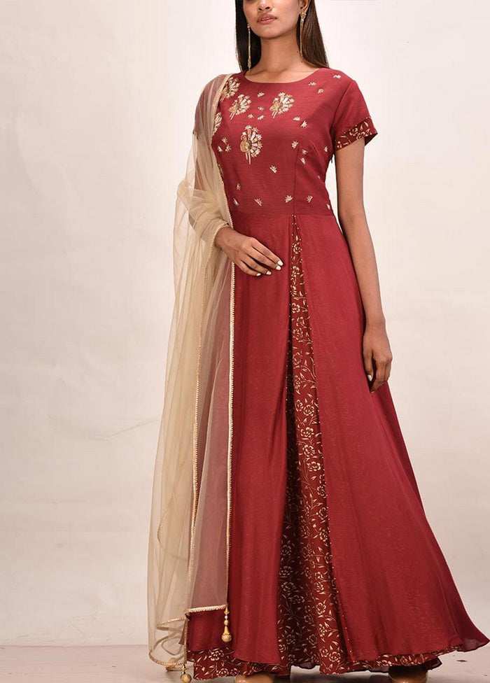 Mahroon Muslin Silk Short Sleeves Solid Gown VDVSF00041 - Indian Silk House Agencies