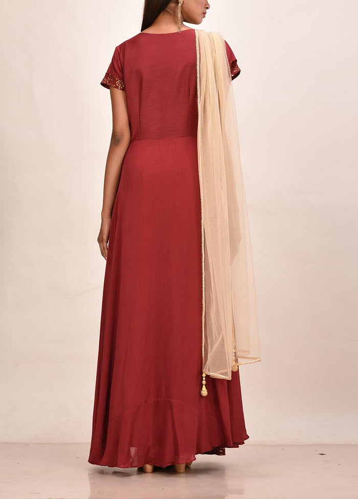 Mahroon Muslin Silk Short Sleeves Solid Gown VDVSF00041 - Indian Silk House Agencies