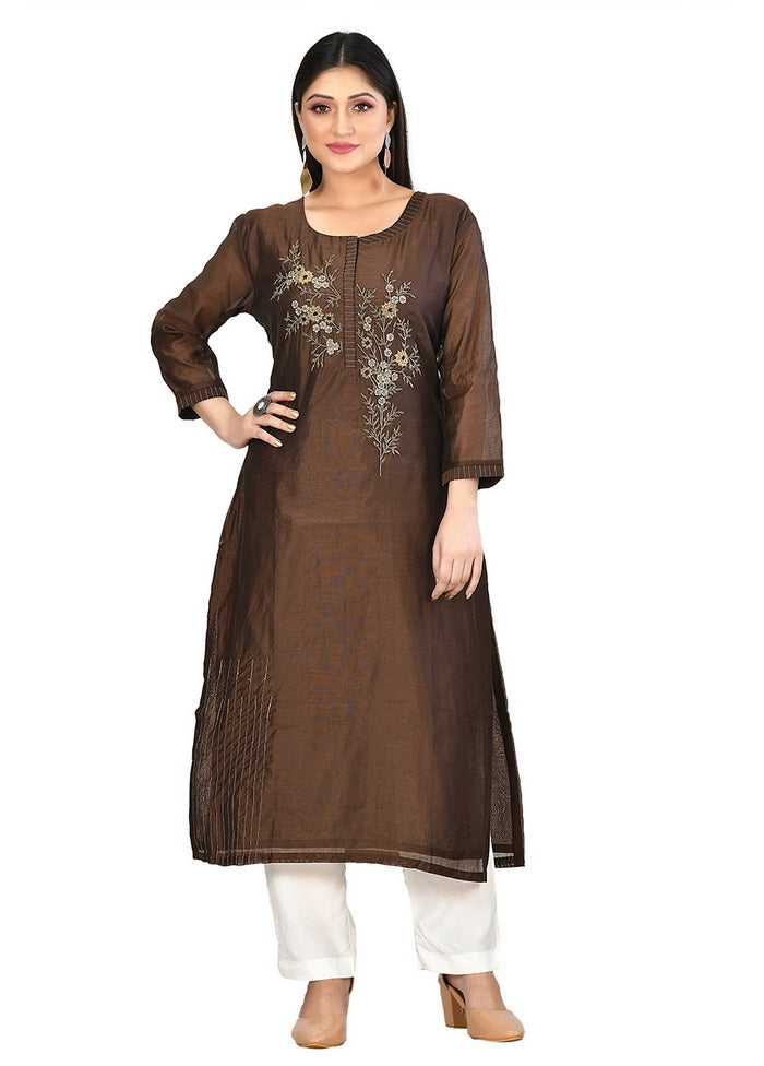 Brown Chanderi Silk Solid Women Kurti VDVSF00044 - Indian Silk House Agencies