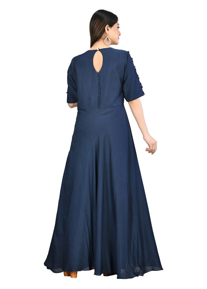 Navy Muslin Silk Solid Women Gown VDVSF00047 - Indian Silk House Agencies