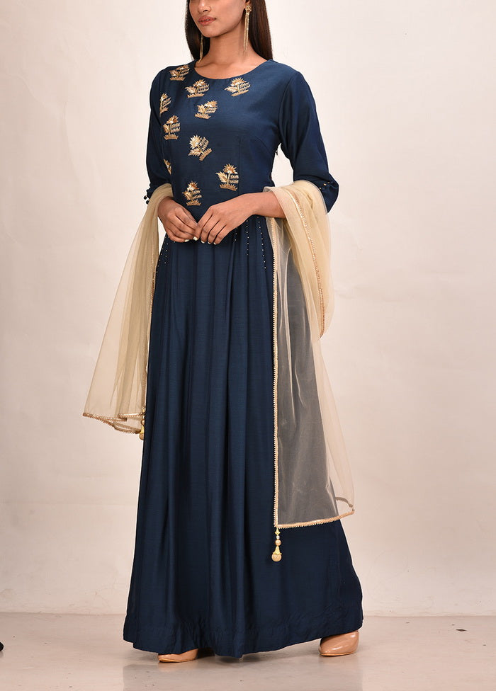 Navy Muslin Silk Solid Women Gown VDVSF00048 - Indian Silk House Agencies