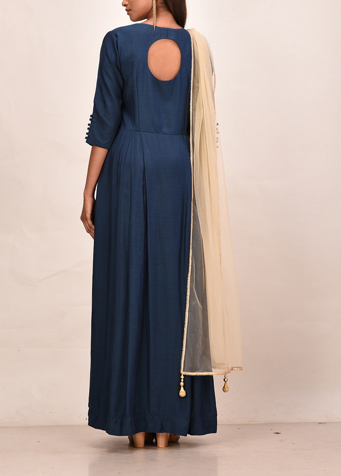 Navy Muslin Silk Solid Women Gown VDVSF00048 - Indian Silk House Agencies