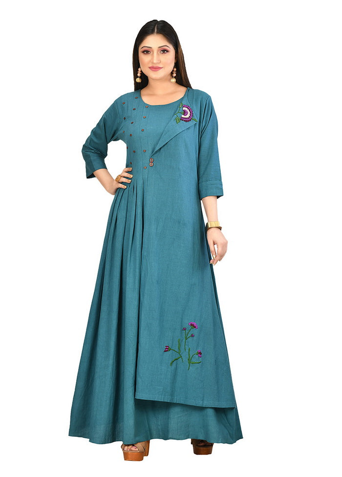Teal Blue Cotton Flex Solid Womens Kurti VDVSF00050 - Indian Silk House Agencies