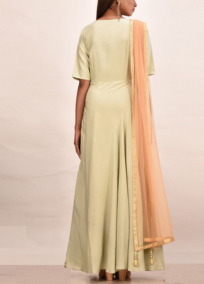 C Green Muslin Silk Short Sleeves Solid Gown VDVSF00055 - Indian Silk House Agencies