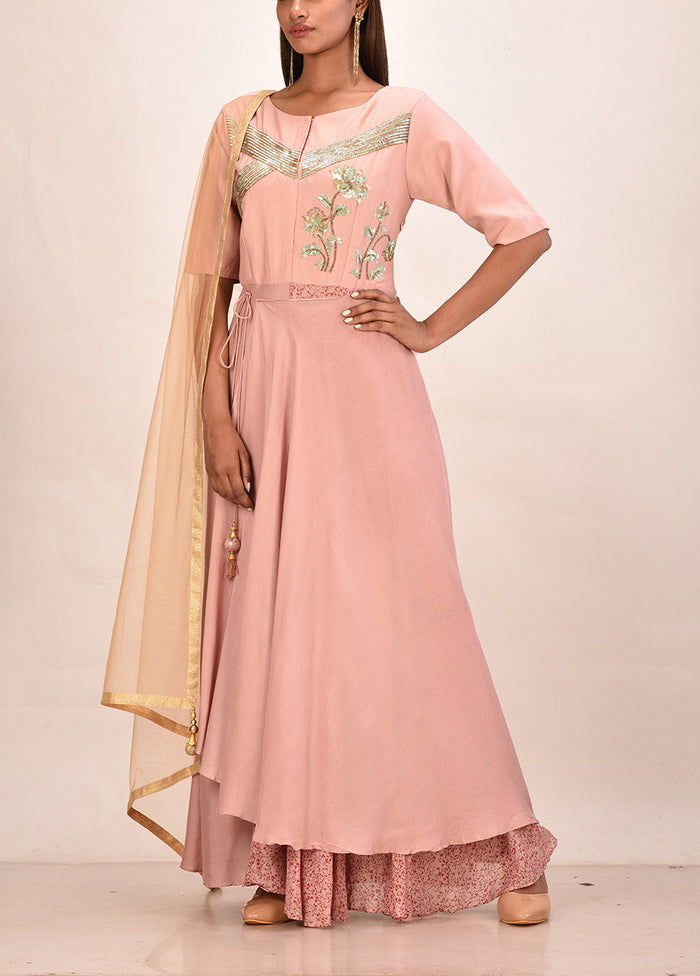 Peach Muslin Silk Short Sleeves Solid Gown VDVSF00054 - Indian Silk House Agencies