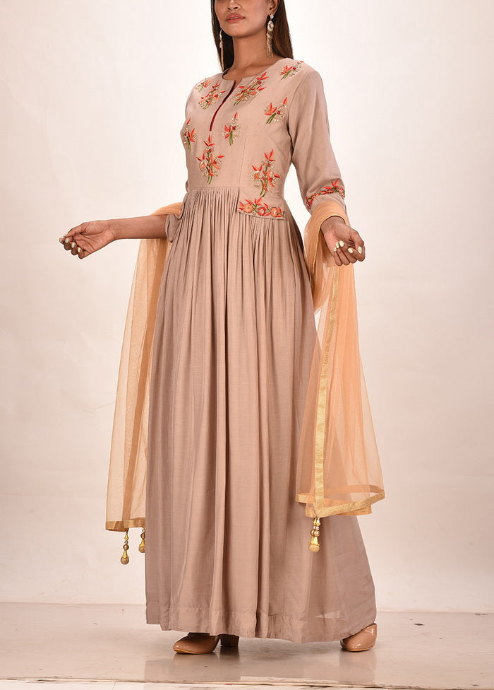 2 Pc Mauve Muslin Silk Solid Gown With Dupatta VDVSF00056 - Indian Silk House Agencies