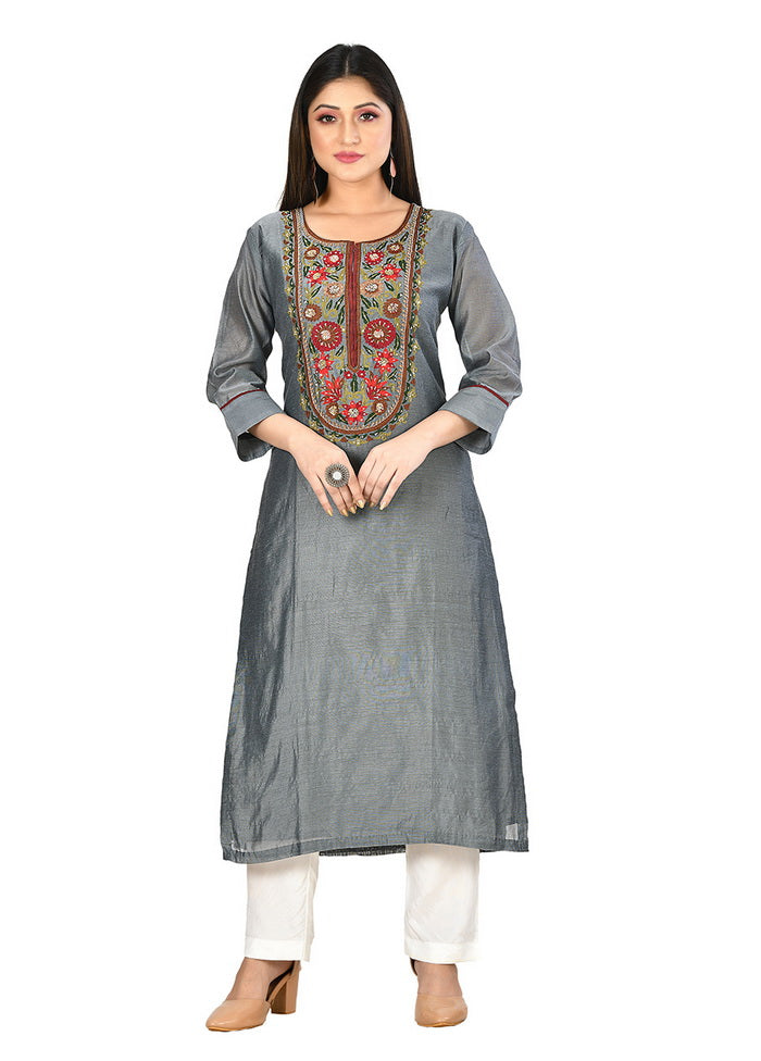 Gray Chanderi Silk Solid Women Kurti VDVSF00058 - Indian Silk House Agencies