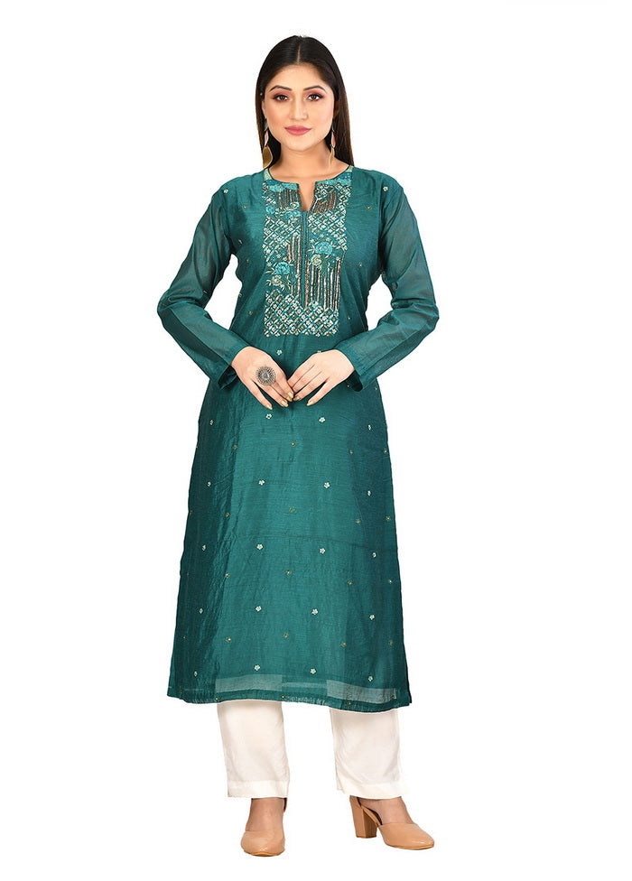 Botle Green Chanderi Silk Full Sleeves Solid Kurti VDVSF00059 - Indian Silk House Agencies