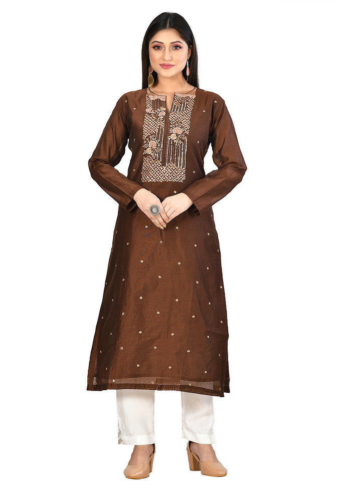 Brown Chanderi Silk Full Sleeves Solid Kurti VDVSF00060 - Indian Silk House Agencies