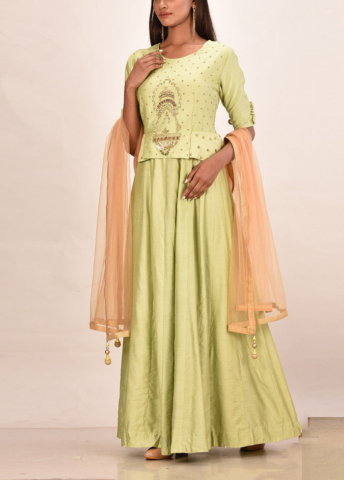 Green Candy Silk Short Sleeves Solid Gown VDVSF00061 - Indian Silk House Agencies