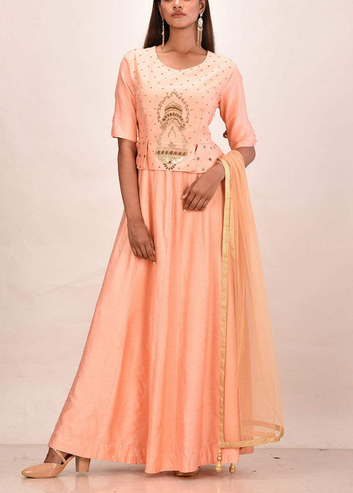 Peach Candy Silk Short Sleeves Solid Gown VDVSF00062 - Indian Silk House Agencies