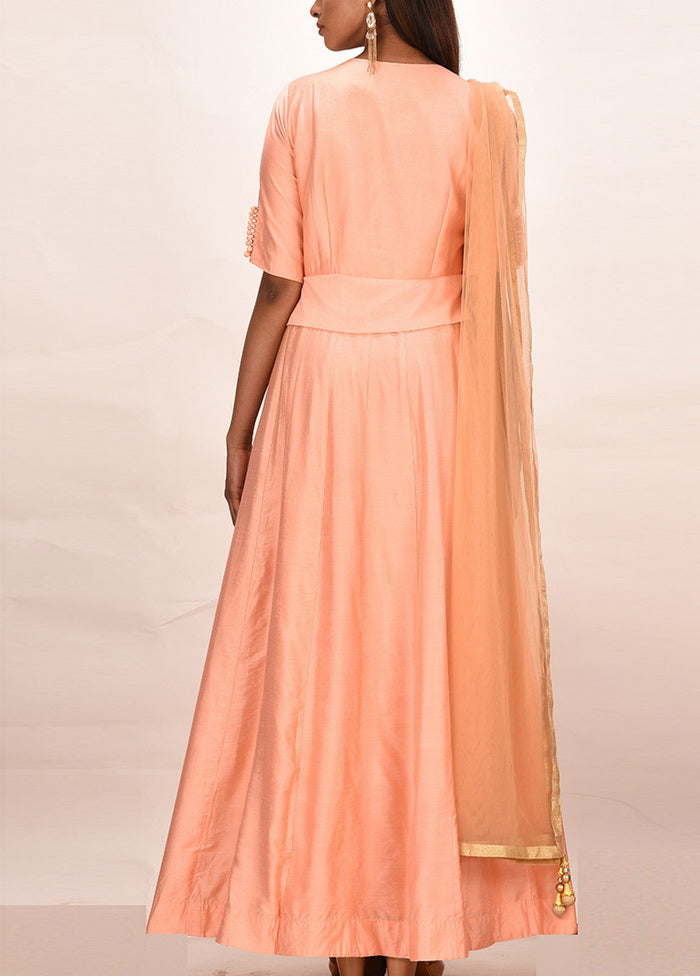 Peach Candy Silk Short Sleeves Solid Gown VDVSF00062 - Indian Silk House Agencies