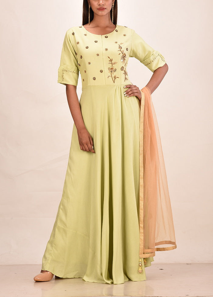 2 Pc Lime Green Muslin Silk Solid Gown With Dupatta VDVSF00066 - Indian Silk House Agencies