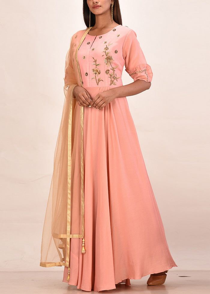 2 Pc Peach Muslin Silk Solid Gown With Dupatta VDVSF00065 - Indian Silk House Agencies