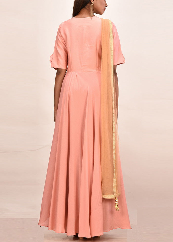 2 Pc Peach Muslin Silk Solid Gown With Dupatta VDVSF00065 - Indian Silk House Agencies