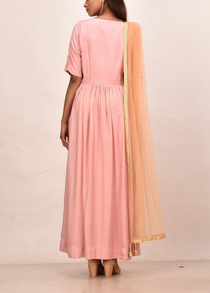 2 Pc Peach Muslin Silk Solid Gown With Dupatta VDVSF00070 - Indian Silk House Agencies
