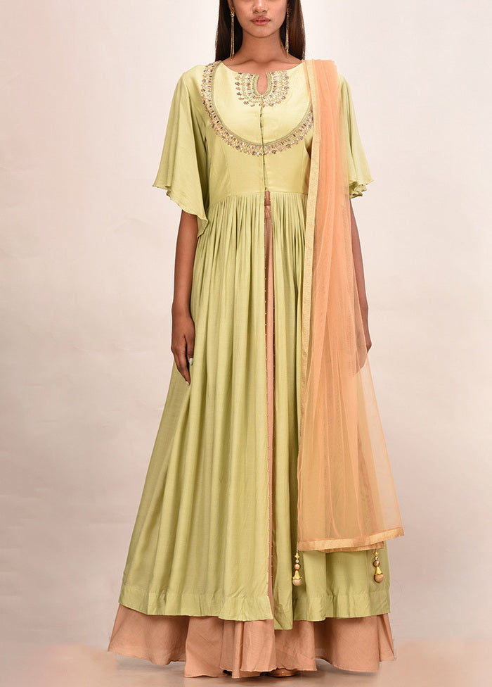 2 Pc Sea Green Muslin Silk Solid Gown With Dupatta VDVSF00071 - Indian Silk House Agencies