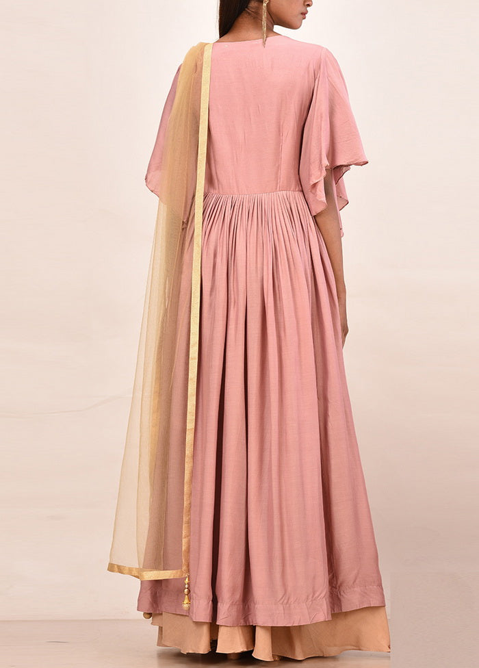 2 Pc Peach Muslin Silk Solid Gown With Dupatta VDVSF00072 - Indian Silk House Agencies