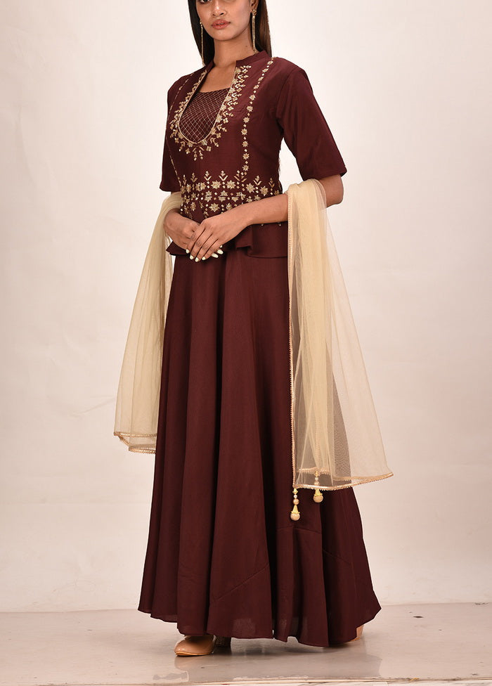 2 Pc Dark Brown Muslin Silk Solid Gown With Dupatta VDVSF00077 - Indian Silk House Agencies